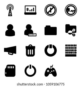 Solid vector icon set - antenna vector, account statistics, no parkin odd, trailer road sign, user, password, folder, shared, loudspeaker, trash bin, standby, binary code, micro flash card, button