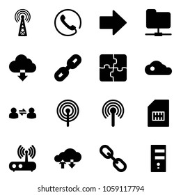 Solid vector icon set - antenna vector, phone, right arrow, network folder, download cloud, link, puzzle, information exchange, sim, wi fi router, data, server