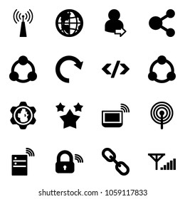 Solid vector icon set - antenna vector, globe, user login, share, social, redo, tag code, community, gear, stars, notebook wi fi, server wireless, lock, link, fine signal