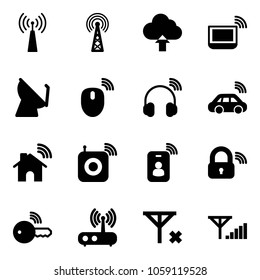 Solid vector icon set - antenna vector, upload cloud, notebook wi fi, satellite, mouse wireless, headphones, car, home, speaker, identity card, lock, key, router, no signal, fine