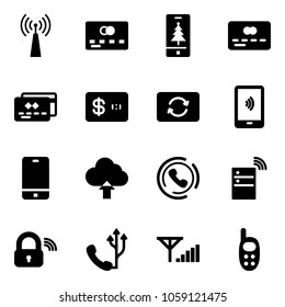 Solid vector icon set - antenna vector, credit card, christmas mobile, exchange, payment, phone, upload cloud, horn, server wireless, lock, fine signal, toy