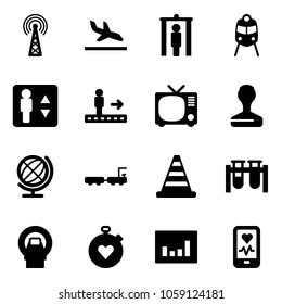 Solid vector icon set - antenna vector, arrival, metal detector gate, train, elevator, travolator, tv, stamp, globe, baggage truck, road cone, vial, mri, stopwatch heart, statistics, mobile monitor