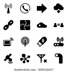 Solid vector icon set - antenna vector, phone, right arrow, download cloud, link, puzzle, information exchange, notebook wi fi, usb, router, satellite, molecule, no signal, allen key