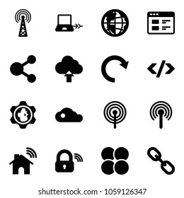 Solid vector icon set - antenna vector, notebook connect, globe, website, share, upload cloud, redo, tag code, gear, wireless home, lock, atom core, link