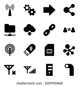 Solid vector icon set - antenna vector, gear, right arrow, share, network folder, download cloud, link, information exchange, usb wi fi, sim, molecule, no signal, fine, server, allen key