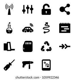 Solid vector icon set - antenna vector, settings, unlocked, share, round flask, car wireless, trip, terms plan, water power plant, micro flash card, recycling, connect, screwdriver, drill machine