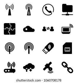 Solid vector icon set - antenna vector, phone, network folder, puzzle, cloud, information exchange, notebook wi fi, usb, sim, router, data, satellite, link