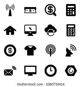 Solid vector icon set - antenna vector, cash, money click, calculator, home, monitor cursor, refresh cloud, dollar, t shirt, satellite, wireless mail, clock, nut