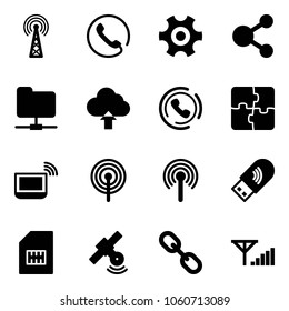 Solid vector icon set - antenna vector, phone, gear, share, network folder, upload cloud, horn, puzzle, notebook wi fi, usb, sim, satellite, link, fine signal