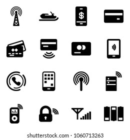 Solid vector icon set - antenna vector, snowmobile, mobile payment, credit card, tap pay, phone horn, server wireless, music player, lock, fine signal, battery