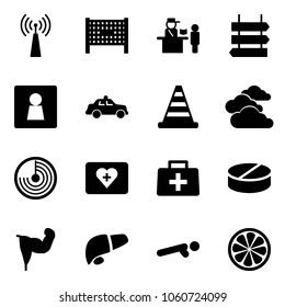 Solid vector icon set - antenna vector, fenced area, passport control, sign post, female wc, safety car, road cone, clouds, radar, first aid kit, doctor bag, pill, power hand, liver, push ups