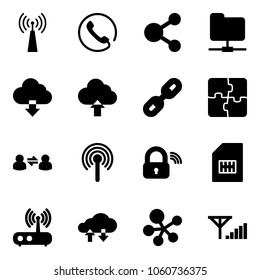 Solid vector icon set - antenna vector, phone, share, network folder, download cloud, upload, link, puzzle, information exchange, wireless lock, sim, wi fi router, data, molecule, fine signal