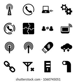 Solid vector icon set - antenna vector, phone, notebook connect, gear, horn, puzzle, information exchange, wi fi, usb, cloud data, link, no signal, server, allen key