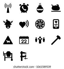 Solid vector icon set - antenna vector, phone alarm, christmas ball, turkey, deer hat, heart beat, lemon slice, mobile monitor, cow road sign, calendar, team leader, sledgehammer, cocncrete mixer