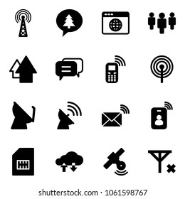 Solid vector icon set - antenna vector, merry christmas message, browser globe, group, arrow up, dialog, mobile phone, satellite, wireless mail, identity card, sim, cloud exchange data, no signal