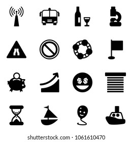 Solid vector icon set - antenna vector, airport bus, wine, lab, Road narrows sign, prohibition, friends, flag, piggy bank, rise, money smile, jalousie, sand clock, sailboat toy, balloon, boat