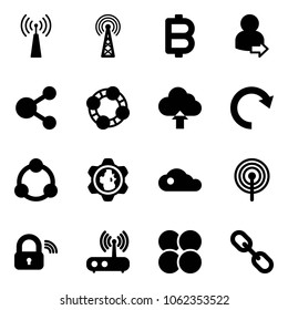 Solid vector icon set - antenna vector, bitcoin, user login, share, friends, upload cloud, redo, community, gear globe, wireless lock, wi fi router, atom core, link