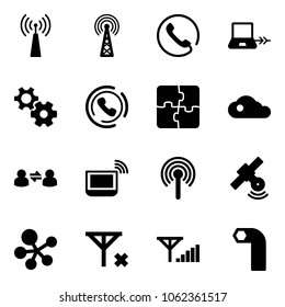 Solid vector icon set - antenna vector, phone, notebook connect, gear, horn, puzzle, cloud, information exchange, wi fi, satellite, molecule, no signal, fine, allen key