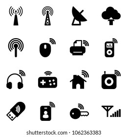 Solid vector icon set - antenna vector, satellite, upload cloud, mouse wireless, printer, music player, headphones, joystick, home, speaker, usb wi fi, identity card, key, fine signal