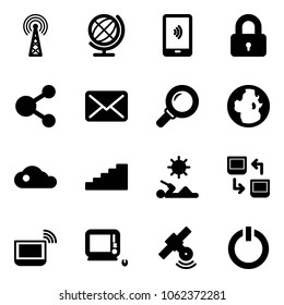 Solid vector icon set - antenna vector, globe, mobile payment, locked, share, mail, magnifier, cloud, stairs, reading, data exchange, notebook wi fi, monoblock pc, satellite, standby button