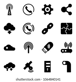 Solid vector icon set - antenna vector, phone, gear, share, download cloud, horn, link, puzzle, usb wi fi, router, exchange data, satellite, server, allen key