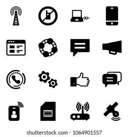 Solid vector icon set - antenna vector, no mobile sign, notebook connect, phone, website, friends, chat, loudspeaker, horn, gears, finger up, dialog, identity card, sim, wi fi router, satellite