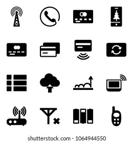 Solid vector icon set - antenna vector, phone, credit card, christmas mobile, tap pay, exchange, menu, upload cloud, growth, notebook wi fi, router, no signal, battery, toy
