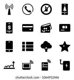 Solid vector icon set - antenna vector, phone, no mobile sign, christmas, payment, credit card, menu, upload cloud, star, growth, notebook wi fi, server wireless, power bank