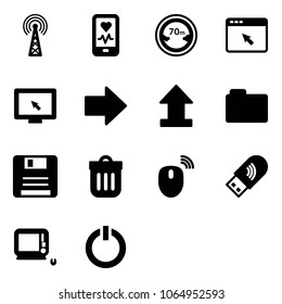 Solid vector icon set - antenna vector, mobile heart monitor, limited distance road sign, cursor browser, right arrow, uplooad, folder, save, trash bin, mouse wireless, usb wi fi, monoblock pc