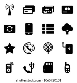 Solid vector icon set - antenna vector, credit card, exchange, phone, menu, upload cloud, star, horn, power bank, music player, micro flash, toy