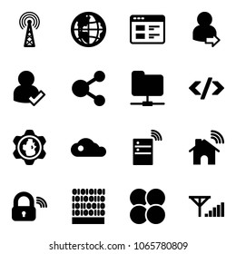 Solid vector icon set - antenna vector, globe, website, user login, check, share, network folder, tag code, gear, cloud, server wireless, home, lock, binary, atom core, fine signal