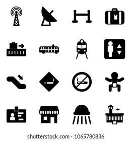 Solid vector icon set - antenna vector, satellite, vip zone, suitcase, baggage, airport bus, train, elevator, escalator down, smoking area sign, no, baby, identity, duty free, shower, building