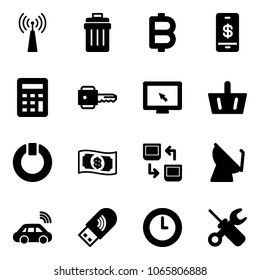 Solid vector icon set - antenna vector, trash bin, bitcoin, mobile payment, calculator, key, monitor cursor, basket, standby, money, data exchange, satellite, car wireless, usb wi fi, clock