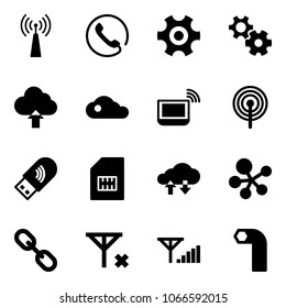 Solid vector icon set - antenna vector, phone, gear, upload cloud, notebook wi fi, usb, sim, exchange data, molecule, link, no signal, fine, allen key