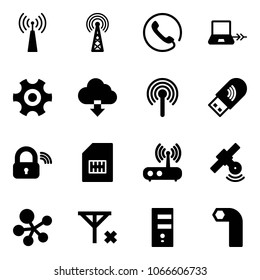 Solid vector icon set - antenna vector, phone, notebook connect, gear, download cloud, usb wi fi, wireless lock, sim, router, satellite, molecule, no signal, server, allen key