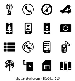 Solid vector icon set - antenna vector, phone, no mobile sign, trap truck, christmas, heart monitor, payment, card exchange, menu, horn, power bank, sim, battery
