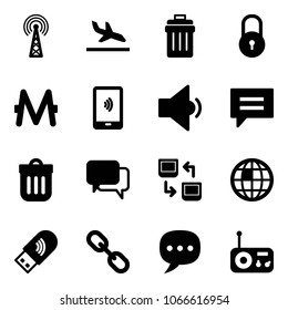 Solid vector icon set - antenna vector, arrival, trash bin, lock, monero, mobile payment, low volume, chat, dialog, data exchange, globe, usb wi fi, link, radio