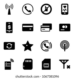 Solid vector icon set - antenna vector, phone, no mobile sign, heart monitor, payment, credit card, exchange, star, horn, server wireless, micro flash, sim, signal