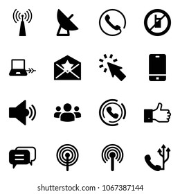 Solid vector icon set - antenna vector, satellite, phone, no mobile sign, notebook connect, star letter, cursor, volume medium, group, horn, finger up, dialog
