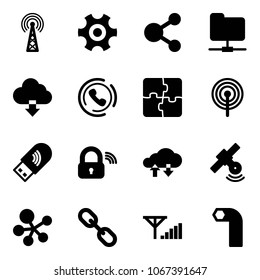 Solid vector icon set - antenna vector, gear, share, network folder, download cloud, phone horn, puzzle, usb wi fi, wireless lock, exchange data, satellite, molecule, link, fine signal, allen key