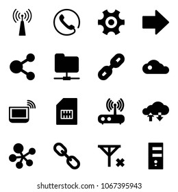 Solid vector icon set - antenna vector, phone, gear, right arrow, share, network folder, link, cloud, notebook wi fi, sim, router, exchange data, molecule, no signal, server