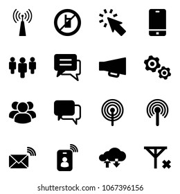 Solid vector icon set - antenna vector, no mobile sign, cursor, phone, group, chat, loudspeaker, gears, dialog, wireless mail, identity card, cloud exchange data, signal