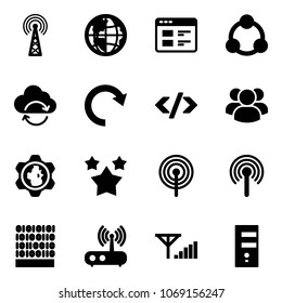 Solid vector icon set - antenna vector, globe, website, social, refresh cloud, redo, tag code, group, gear, stars, binary, wi fi router, fine signal, server