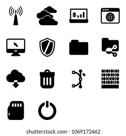 Solid vector icon set - antenna vector, clouds, account statistics, browser globe, monitor cursor, shield, folder, shared, download cloud, trash bin, bezier, binary code, micro flash card