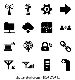 Solid vector icon set - antenna vector, gear, right arrow, network folder, download cloud, puzzle, information exchange, notebook wi fi, wireless lock, link, no signal, fine, server, allen key