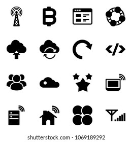 Solid vector icon set - antenna vector, bitcoin, website, friends, upload cloud, refresh, redo, tag code, group, stars, notebook wi fi, server wireless, home, atom core, fine signal