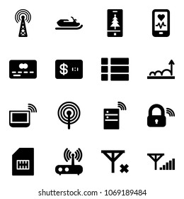 Solid vector icon set - antenna vector, snowmobile, christmas mobile, heart monitor, credit card, menu, growth, notebook wi fi, server wireless, lock, sim, router, no signal, fine