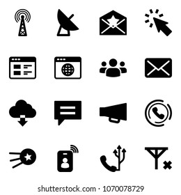 Solid vector icon set - antenna vector, satellite, star letter, cursor, website, browser globe, group, mail, download cloud, chat, loudspeaker, phone horn, first, identity card, no signal