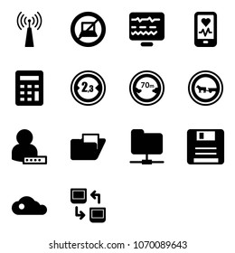 Solid vector icon set - antenna vector, no computer sign, diagnostic monitor, mobile heart, calculator, limited width road, distance, cart horse, user password, folder, network, save, cloud