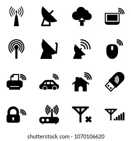 Solid vector icon set - antenna vector, satellite, upload cloud, notebook wi fi, mouse wireless, printer, car, home, usb, lock, router, no signal, fine
